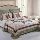 YAYIDAY Quilts Queen Size Patchwork Bedspread Set - 100% Cotton Reversible Breathable Red Star Geometric Quilted Quilt with Pillow Shams Fit All Seasons