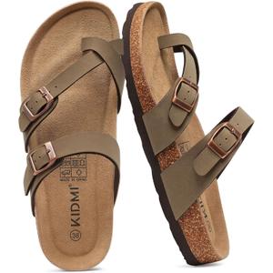 KIDMI Women's Cork Footbed Sandals with Toe Loop, Comfortable Summer Slip-On Slides with Adjustable Buckle, Brown 39