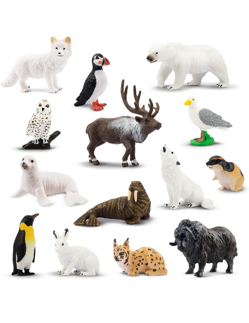 Toymany 12PCS Mini Arctic Animals Figurines Set, Polar Animals Toys with Polar Bear, Caribou, Penguin, Walrus, Wolf Figurines Cake Toppers Birthday Easter Gifts for Preschool Kids