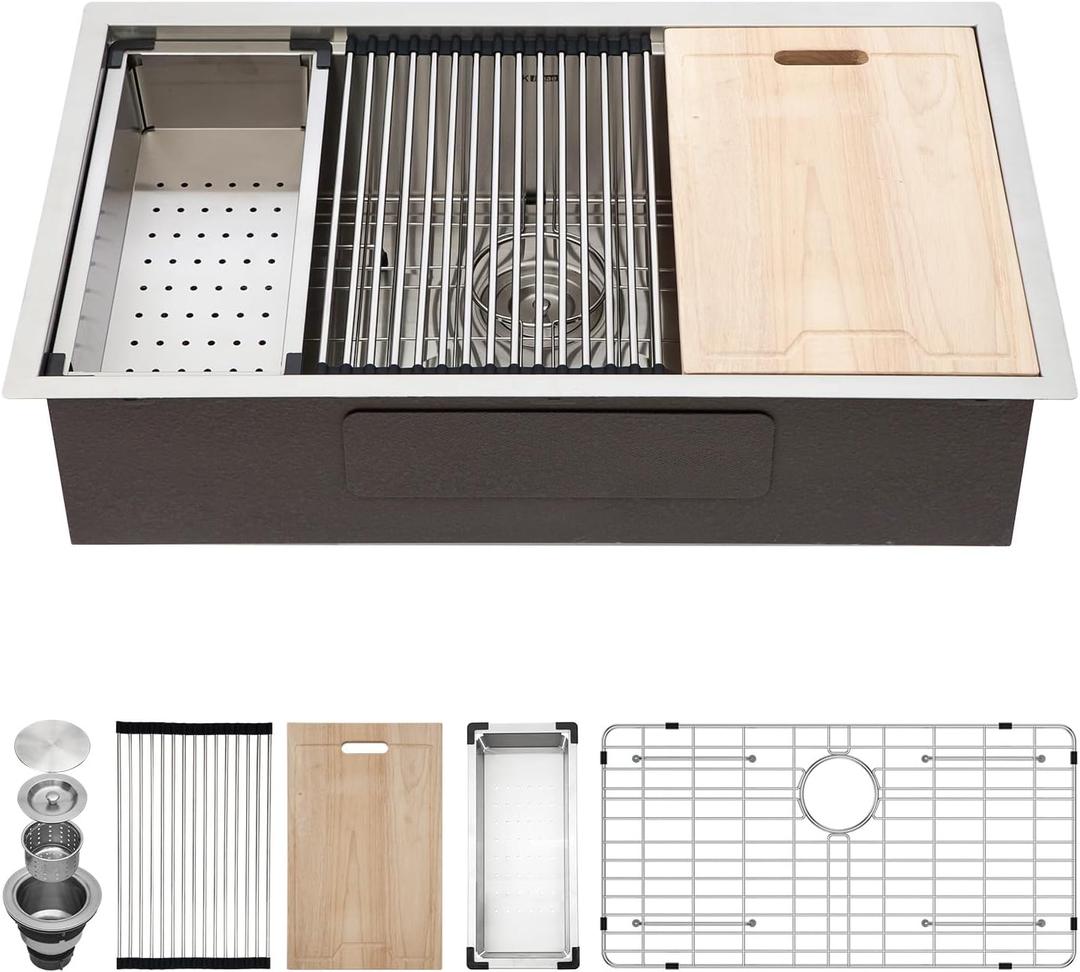 32 Kitchen Sink Undermount Workstation - Kichae 32x19 Undermount Kitchen Sinks Ledge Workstation 16-Gauge Stainless Steel Deep Single Bowl Under Counter Handmade Basin