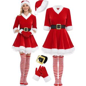 SOMSOC 5 Pack Women Mrs Claus Christmas Costume Set Velvet Dress with Belt Striped Over Knee High Socks Santa Hat Gloves (Medium)