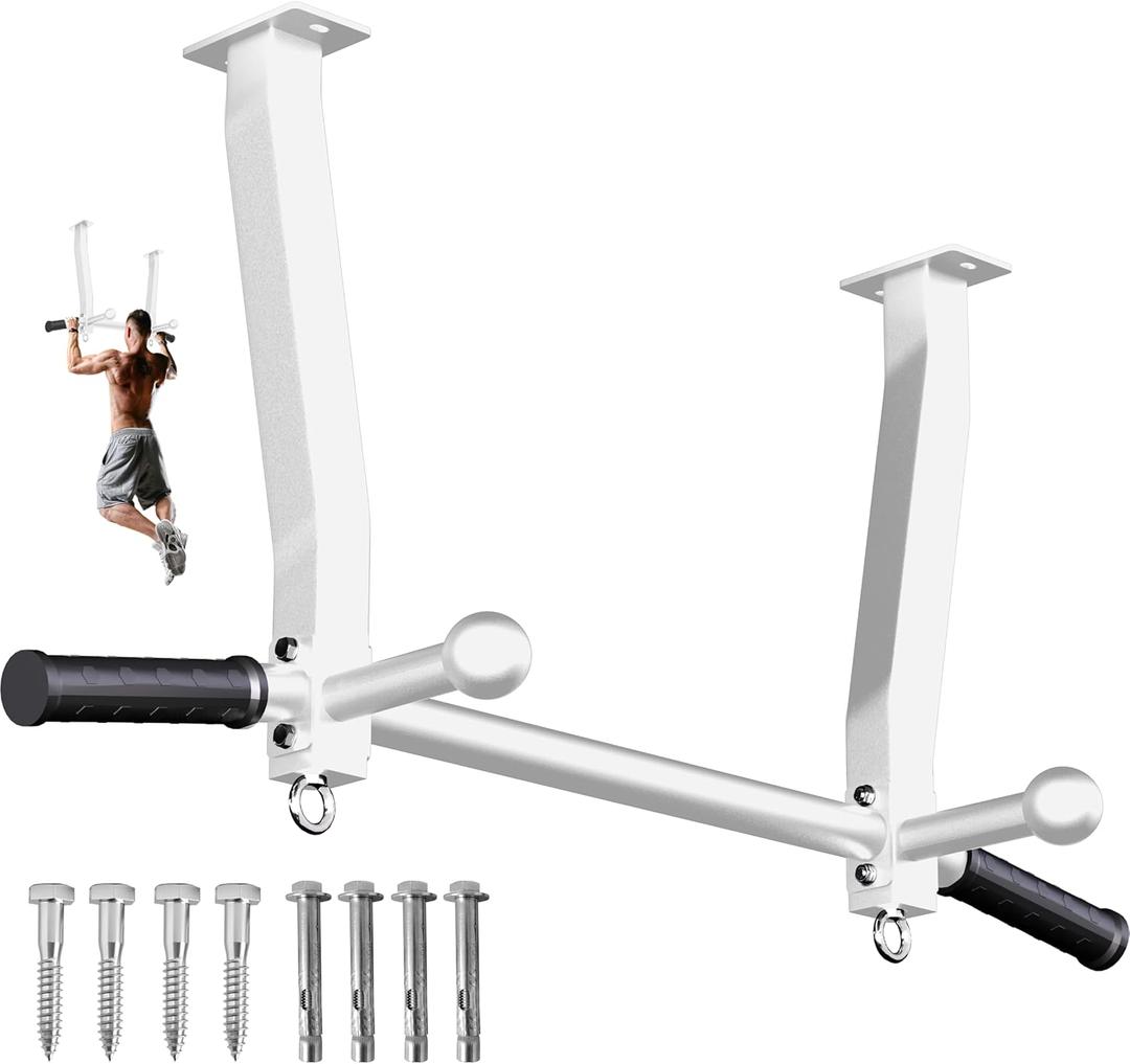 Pull Up Bar Ceiling Mount, 600LBS Heavy Duty Multi Grip Chin Up Bar, 24"/16" Rafter PullUp Bar, Ceiling Beam for Gym/Garage/Basement with Ball Finger & Round Anchors, Easy to Install (White)