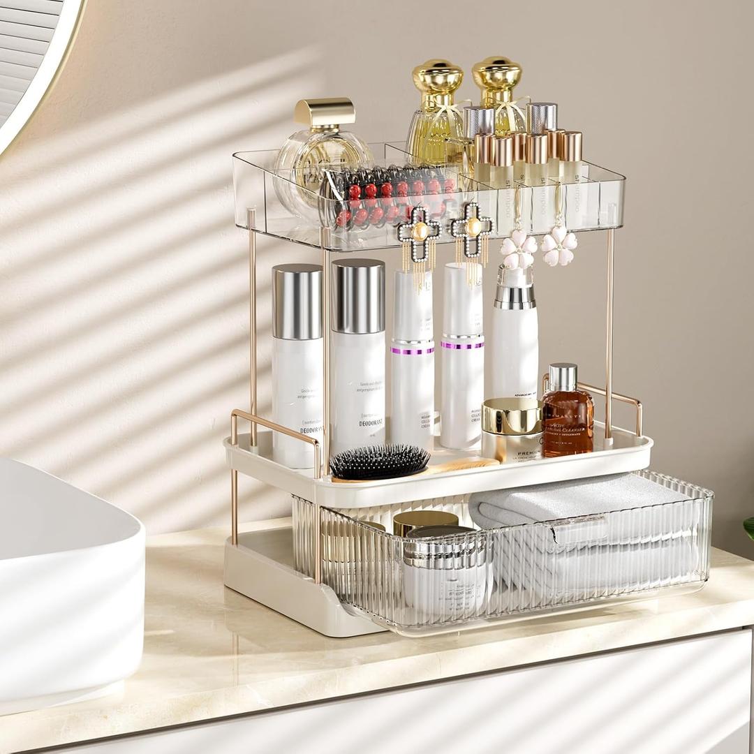Delamu 2-Tier Bathroom Countertop Organizer with Drawer, Large Capacity Makeup Skincare Organizer Multi-Compartment Vanity Storage for Cosmetics Toiletries, Easy to Assemble, Stylish Design, Colorless