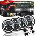 5 3/4'' 5.75 inch LED Headlight with White Amber Halo - 4pcs Hi/Lo Beam with DRL H5001 H5006 for Peterbilt 349 359 Chevy Impala 59-76 Dodge Challenger Skylark W-30 Chevy Corvette el camino C3
