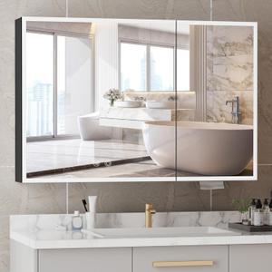32x24 Medicine Cabinet with Storage Tempered Aluminum, Pre-Assembled Led Lighted Medicine Cabinet with Color Adjustment and Anti-Fog Mirror, Recessed or Surface, for Bathroom Vanity Modern Black