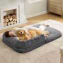 Bedsure Foldable Human Size Giant Dog Bed for Adults, 2 in 1 Calming Pet Bed with Egg Foam Supportive Mat and Waterproof Liner, Faux Fur Orthopedic Sofa, Dark Grey (Foldable Size(71x43x10"))