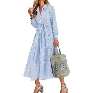 Caracilia Women Long Sleeve Maxi Dress 2026 Spring Casual Button Down Striped Plaid Tie Waist Shirt Dresses Vacation Outfits
