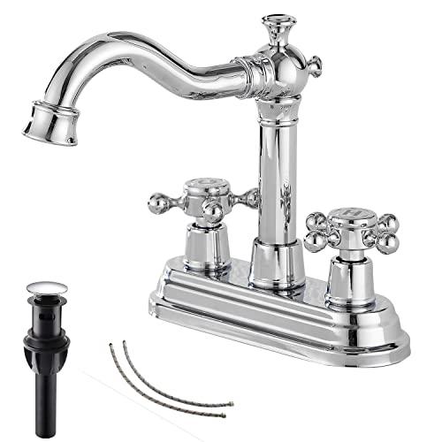 Chrome Bathroom Faucet GGStudy 2 Handles 4 Inches Centerset Bathroom Vanity with Drain Assembly and Supply Hose Lavatory Faucet Mixer Double Handle Tap