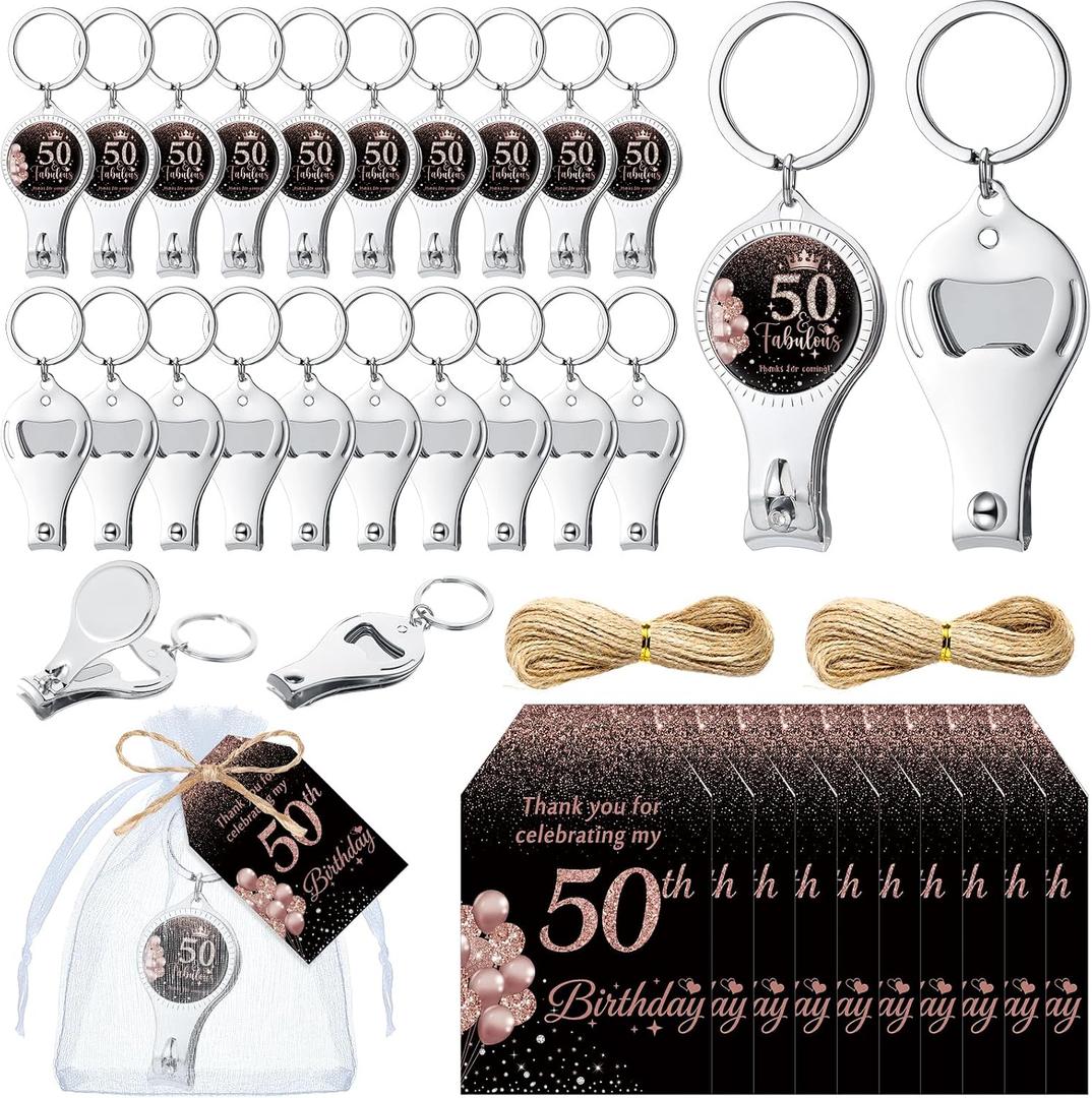 25 Sets Rose Gold 50th Birthday Party Favors for Guests Cheers to 50 Years Bottle Opener Nail Clipper Keychain Thank You Card for Return Gifts Wedding Anniversary Supplies (50th, rose gold)