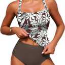 ZAFUL Women's Tankini Swimsuits Tummy Control Swimwear Two Piece Bathing Suits Swim Top with High Waisted Bottom (Brown, M)