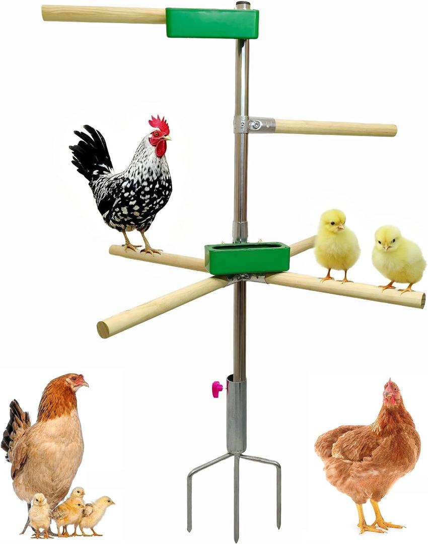 RankchPal Chicken Perch Toys for Coop with 2 Trays(Feed or Water), Chicken Roosting Bars for Chickens in Coop, Adjustable Chicken Roost Perch for Run with 3-Prong Metal Ground Plug
