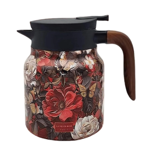Vintage Floral Pattern Teapot Built-in Infuser, Vintage Floral Tea Pot with Built in Infuser Stainless Steel Thermal Carafe with Lid for Hot Drinks(Wooden handle,35oz) (Red)