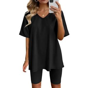 AGSEEM Two Piece Outfits For Women Summer V Neck T-Shirt Tops Biker Shorts Workout Sports Tracksuit, Black, Size L