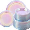 Supernal 120 Pcs Iridescent Sparkle Plastic Plates,Disposable Plates for Party Birthday Wedding,Festival, Clear Neon Rainbow Plastic Plates,60 Pcs Dinner Plates and 60 Pcs Dessert Plates