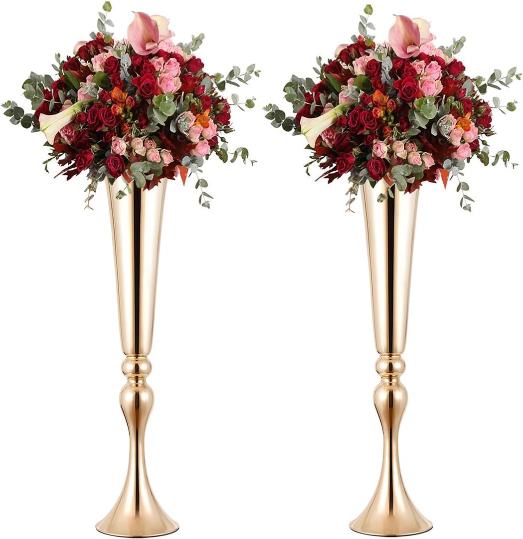 2 Pcs 22" Tall Gold Vases Metal Flower Arrangement Stand, Versatile for Centerpieces, Decoration for Table, Party, Wedding