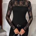 Zeagoo Long Sleeve Shirts for Women's Lace Tops Mesh Sheer Crew Neck Shirts Sexy Spring Going Out Blouse (Black) M