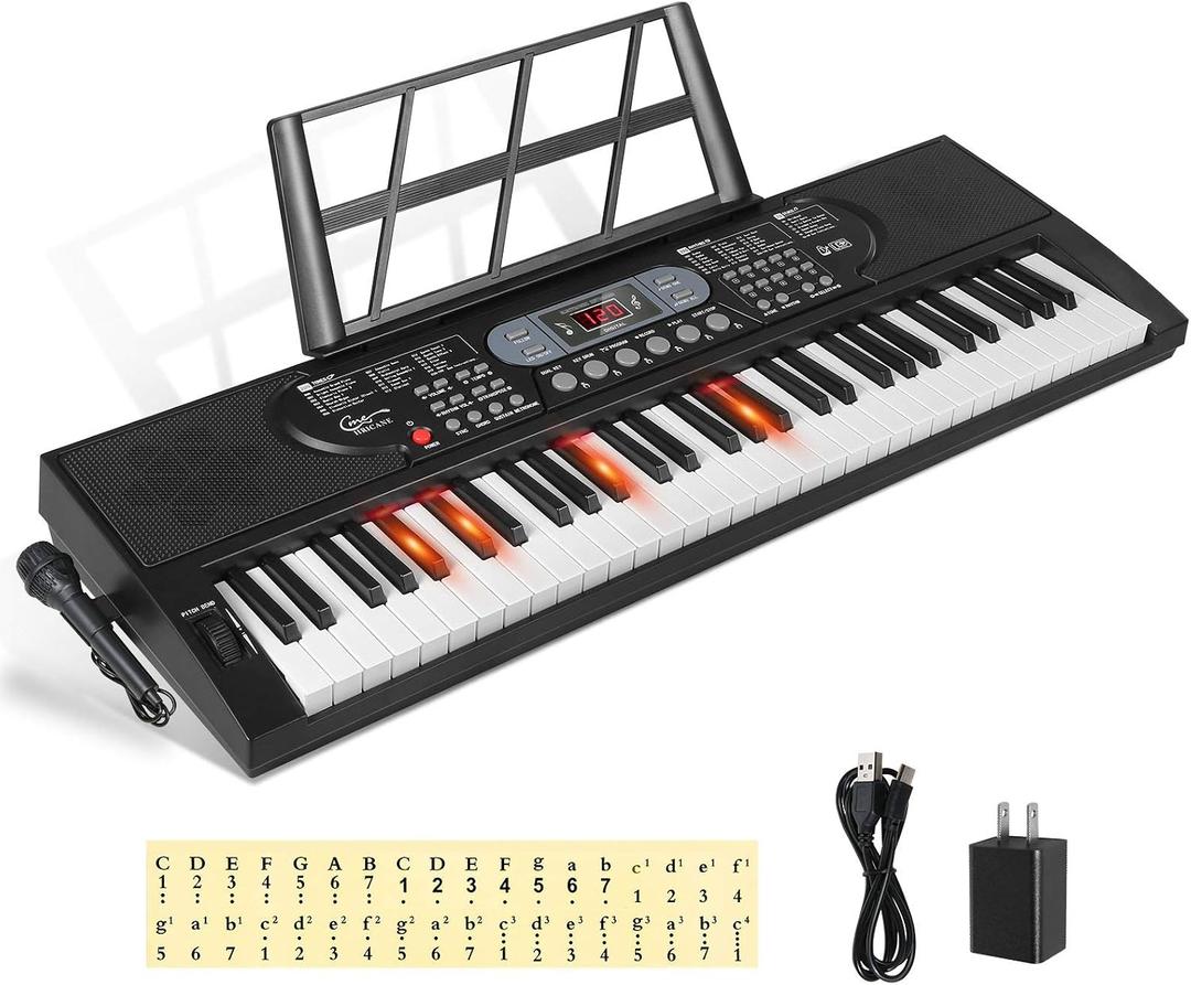 Keyboard Piano Lighted Keys for Beginner Adults Teens Kids, 61 Key Electronic Music Keyboard with Teaching Modes Powered by USB or Battery with LCD Display Microphone Headphone Jack