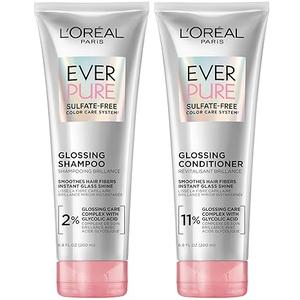 L'Oreal Paris Glossing Sulfate Free Shampoo and Conditioner Set with Glycolic Acid, Hair Care for Lasting Shine and Smoothness for Dull, Dry Hair, EverPure, 1 Kit