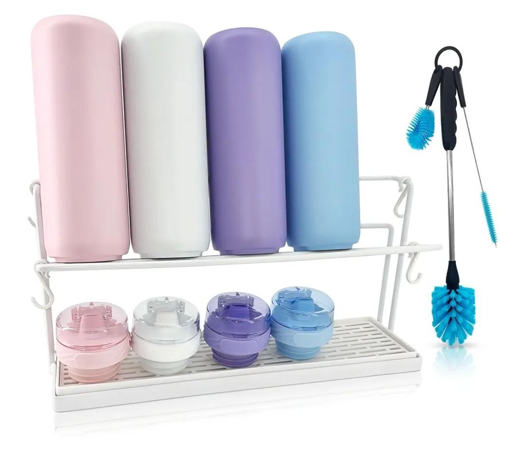 Bottle Drying Rack for Kitchen Countertop - Two-Tier for Water Bottles and Tumblers, Space-Saving Storage Stand with Drainage Tray, Includes Water Bottle Drying Rack Brush Cleaning Set (White)