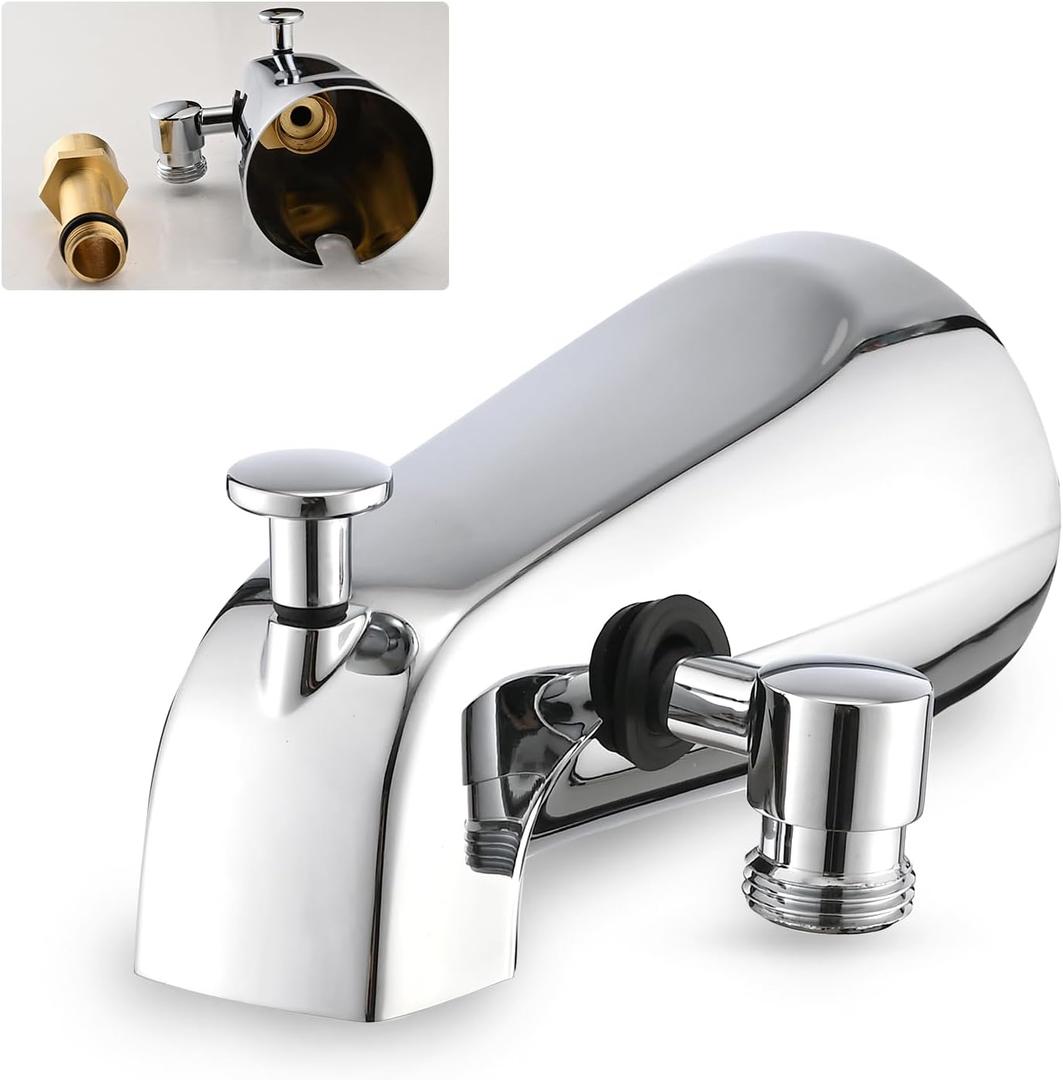 All Metal Tub Spout with Diverter Chrome, Fits Threaded 1/2" or 3/4" IPS, Tub Faucet with Shower Diverter