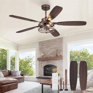 52 Inch Farmhouse Ceiling Fan with Light and Remote, Black and Gold Industrial Caged Ceiling Fans with 6 Speed Reversible Motor and Dual Finish 5 Blades, Rustic Ceiling Fan for Living Room, Bedroom