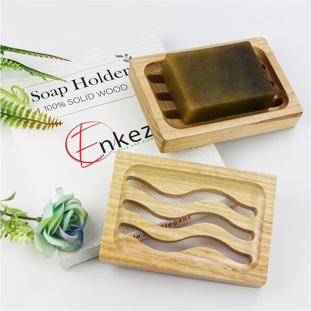 2 Pack Wood Soap Dish, Waterproof Self Draining Soap Dish - Natural Wooden Bar Soap Holder for Bathroom and Kitchen
