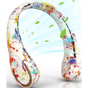 FrSara Neck Fan, Portable Fan Strong Wind, Adjustable, 360 Cooling, Super Quiet, No Blade Fan Design, No Hair Twisting, Even Air Volume On Both Sides, Non-Slip Material, Short Charging, Long Use Time (White Graffiti)