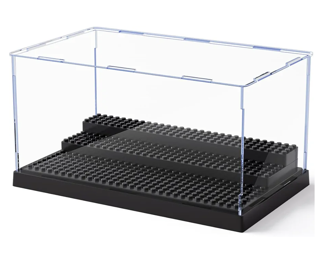 Minifigure Display Case for Action Figures Blocks, Clear Dustproof Acrylic Display Box Storage with 3 Movable Steps Gifts for Children, Black