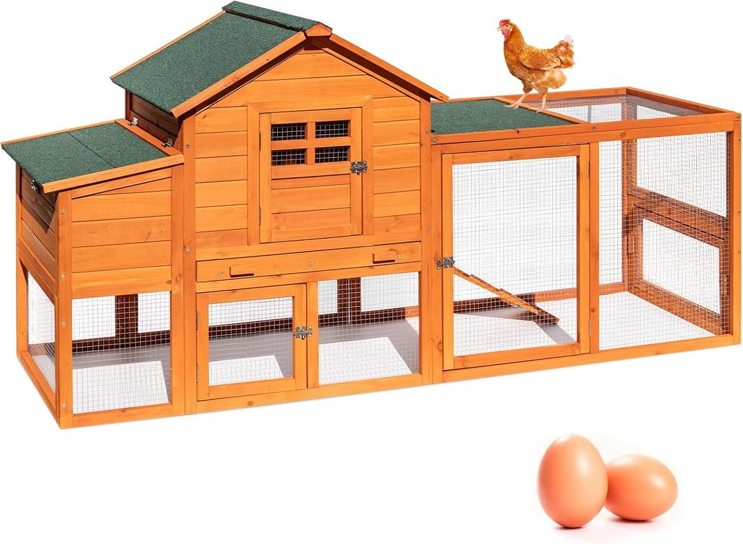Large Wooden Chicken Coop for 4-6 Chickens, Secure Outdoor Hen House with Enclosed Run, Weather-Resistant Roof, Easy-Clean Slide-Out Tray & Nesting Boxes (Includes 2 Training Eggs)