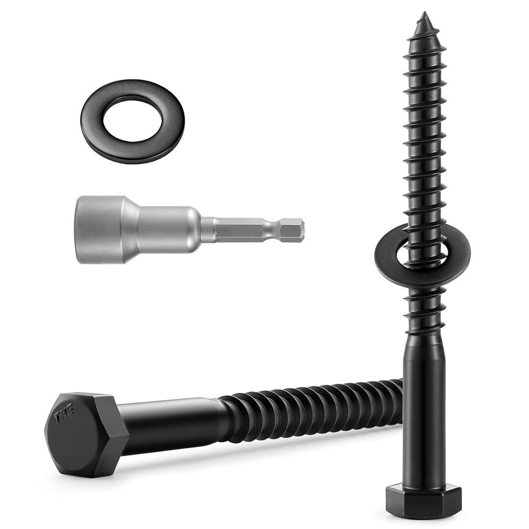 6 Sets 3/8" x 4" Hex Head Lag Screws Bolts with Flat Washers 304 Stainless Steel 18-8 Black Zinc Plated Heavy Duty Lag Screw for Wood