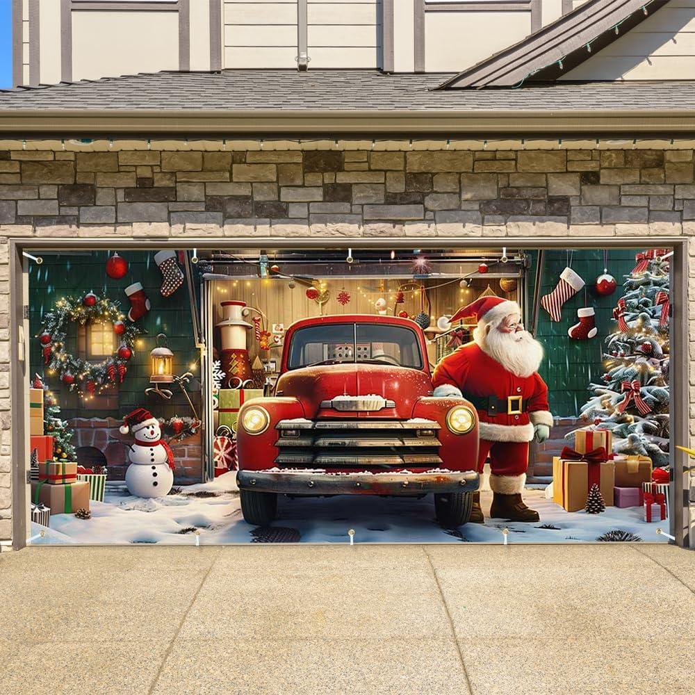 Printspree Christmas Garage Door Cover - Santa Claus and Vintage Truck Holiday Banner Decoration for 2-Car Garage Large Outdoor Christmas Decoration Festive Home Decor 7x16ft