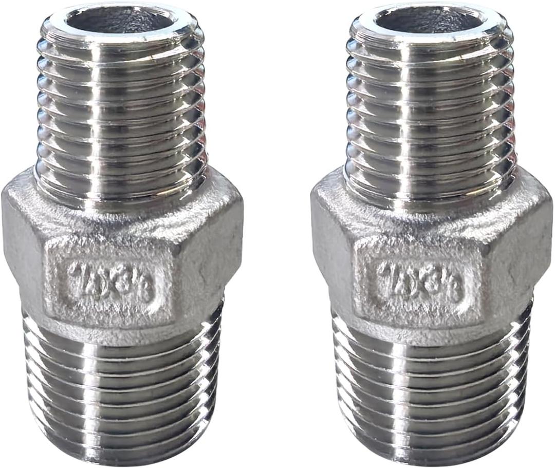 2pcs 3/8" NPT x 1/4" NPT Stainless Steel Nipple, 3/8 to 1/4 Adapter Fitting Reducing Solid Hex Stainless Steel Nipple, Male Reducer for Extending and Connecting Pipes