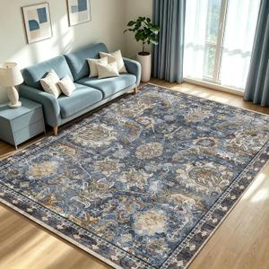 RUGSURE Washable Area Rugs - Perfect for Living Room, Bedroom, Kids Room, Nursery - Stain & Water Resistant Non-Slip, Pet & Child Friendly, Vintage Tribal Area Rugs (Navy, 6' x 9')