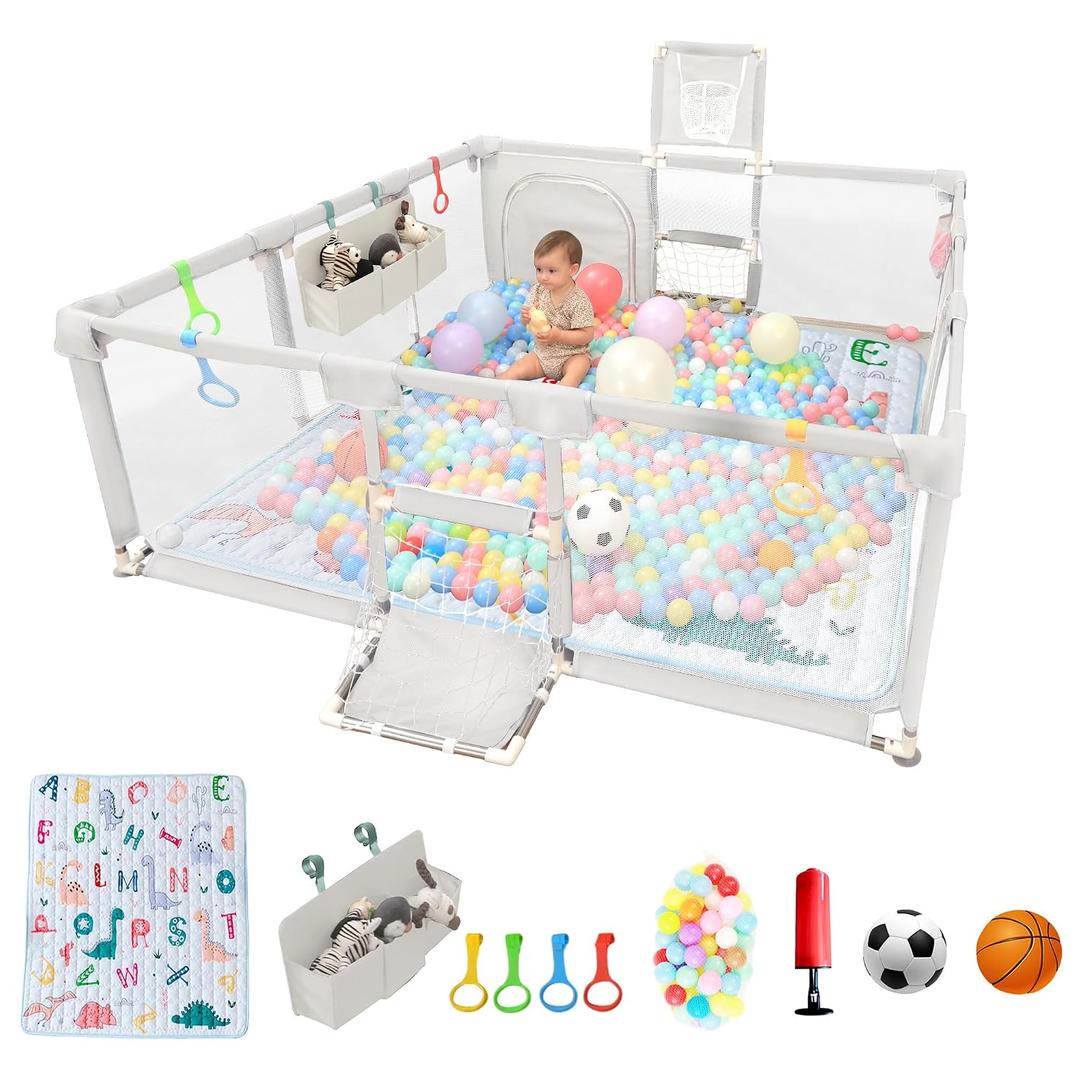 Playpen for Babies and Toddlers,73"x71"Baby Playpen with Mat IndoorOutdoor with Breathable Play Pen with Ocean Balls Hanging Pocket Basketball Hoop and Football Goal (Lighr Grey with Mat, 73"x71")