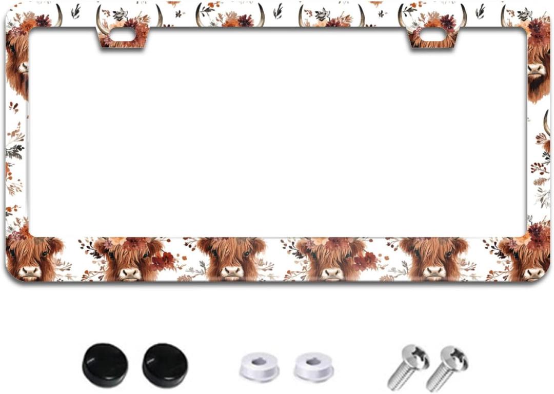 Cute Highland Cow and Floral License Plate Frame Animal License Plate Frames Aluminum Car Accessories Cover with 2 Holes and Screws 12 x 6 Inch for Front Rear Car Plate Decor for Women Men