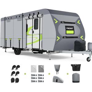 Heavy Duty 8 Layers RV Cover 14-16ft, Rip-Stop Motorhome Camper Cover with Windproof Straps, Gutter & Tongue Jack Covers, Utility Travel Trailer Cover for All Weather Protection