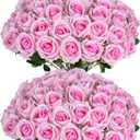 50 PCS Fake Pink Roses, Artificial Flowers Bulk Realistic Silk Faux Rose with Stems for Wedding Decoration Bridal Bouquet Birthday Celebrations DIY Floral Arrangement Home Decor