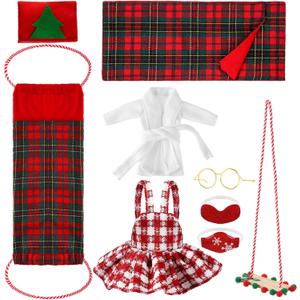 9 Pieces Christmas Doll Clothing Bulk Christmas Doll Accessory Set Including Plaid Dress Sleeping Bag Hammock Bathrobe Pillow Face Cover Swing Glasses for Xmas Gifts Dolls Outfit Costume(Cute)