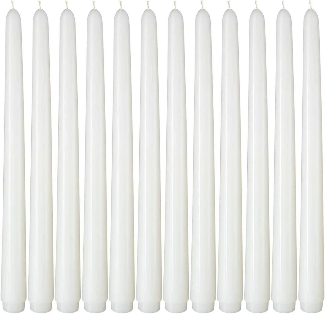 NIKY 10 inch White Taper Candles for Christmas, Set of 12 Unscented Dripless Candlesticks - 8 Hours Long Burning for Home Decor, Wedding, Parties and Special Occasions