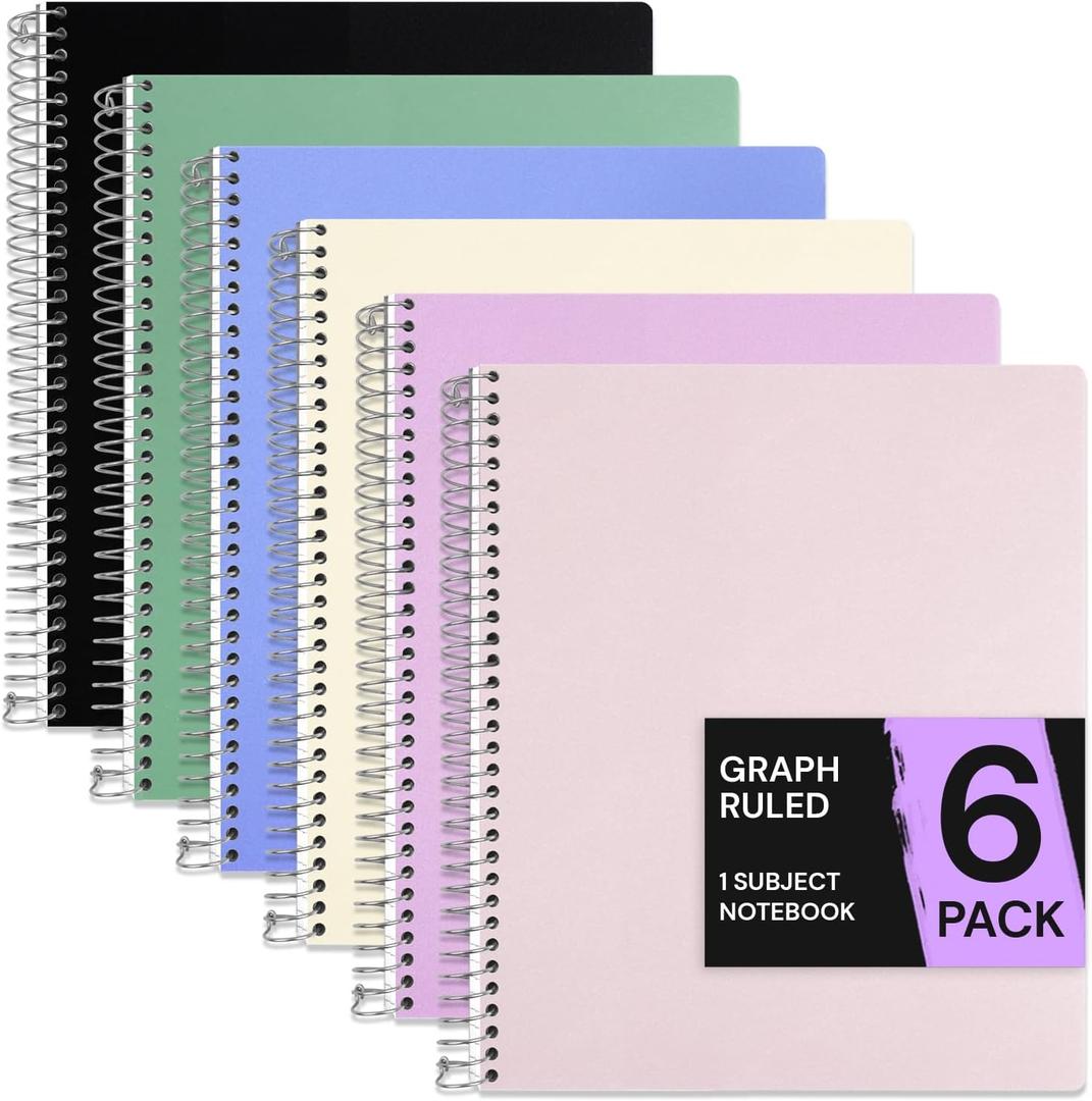 ONAVIA 1 Subject Graph Paper Spiral Notebook 6 Pack, 200 Pages, Assorted