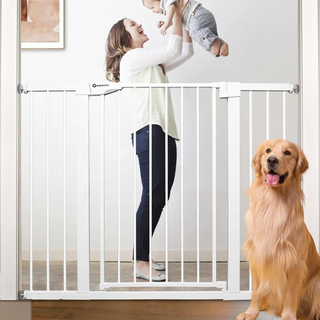 36" Extra Tall and Wide Baby Gate for Stairs Doorways - Pressure Mounted Metal Pet Gate with Double Safety Lock - Easy Walk Through Indoor Doggie Gate,White