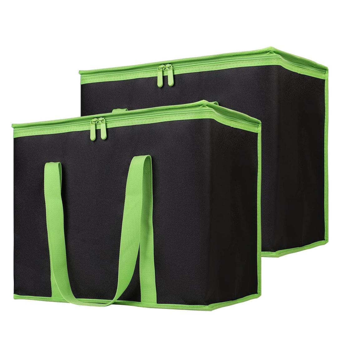 Bodaon 2-Pack Insulated Pizza Delivery Bags, X-Large Reusable Grocery Shopping Bags, Black with Green Edge