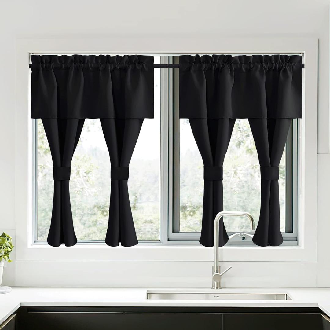 NICETOWN Black Blackout Curtains with Attached Valance, Solid Room Darkening Window Treatment Drapes/Draperies for Bedroom (2 PCs, 52 inches Wide by 45 inches Long)