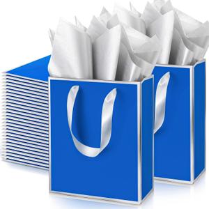 Yeaqee 50 Pack Metallic Gift Bags with Handles and Tissue Paper Gold Foil Thank You Gift Bag for Wedding Hotel Guest Fall Birthday Baby Shower Holiday Party Favors, 9x7x3.15'' (Royal Blue,Silver)