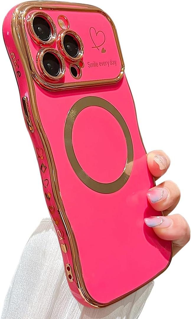for iPhone 15 Pro Max Case Magnetic,for Women Girls Soft Cute Wave Frame Curly Shape Love Heart Luxury Plating Phone Case Compatible with MagSafe Shockproof Back Cover 6.7"-Hot Pink