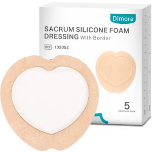 Dimora Wound Dressing Sacrum Foam Bandages Silicone Adhesive Border 7"x7" Waterproof Sacral Pads Absorbent Breathable Bed Sore Pressure Dressing (7.08x7.08 Inch (Pack of 5))