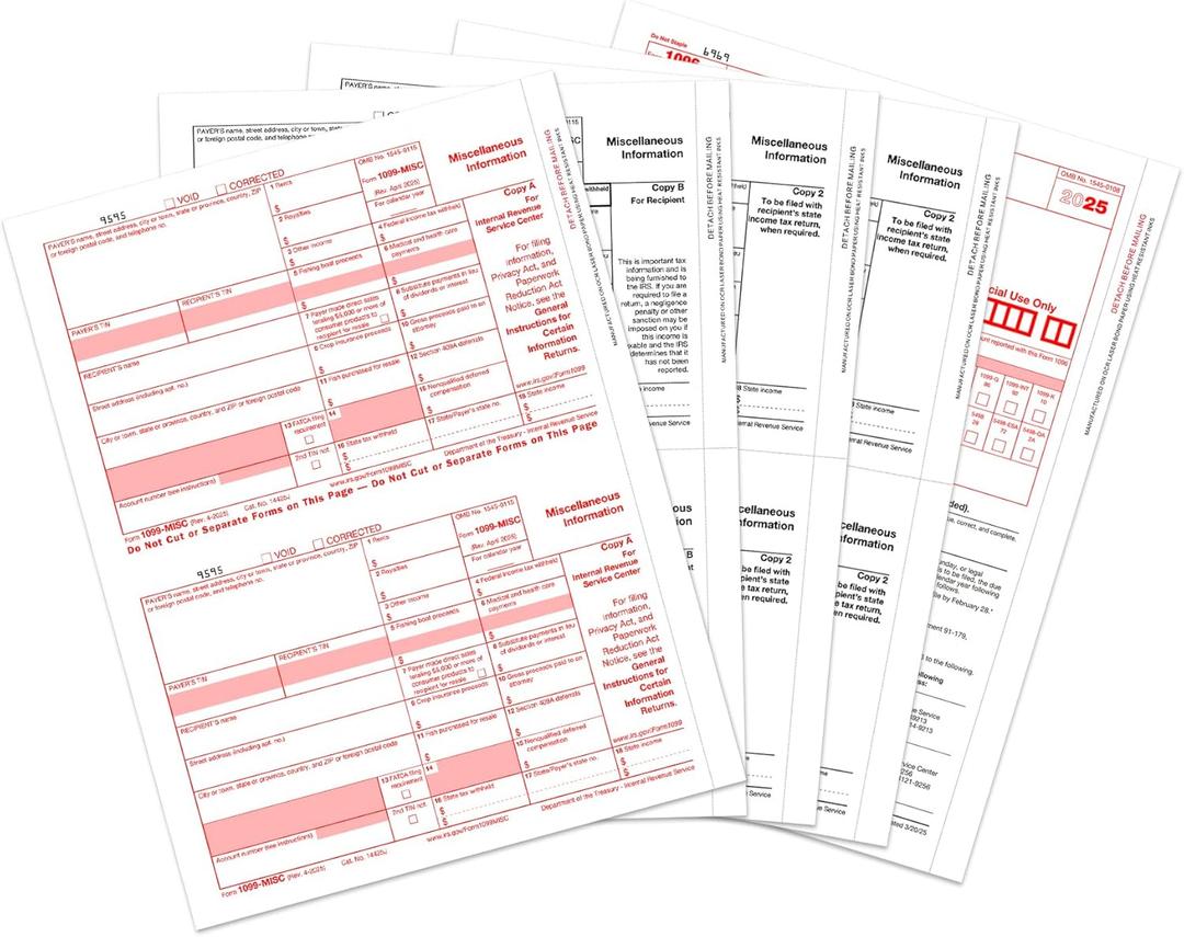 1099 MISC Forms 2025, 4 Part Tax Forms Kit, 25 Vendor Kit of Laser Forms Designed for QuickBooks and Accounting Software