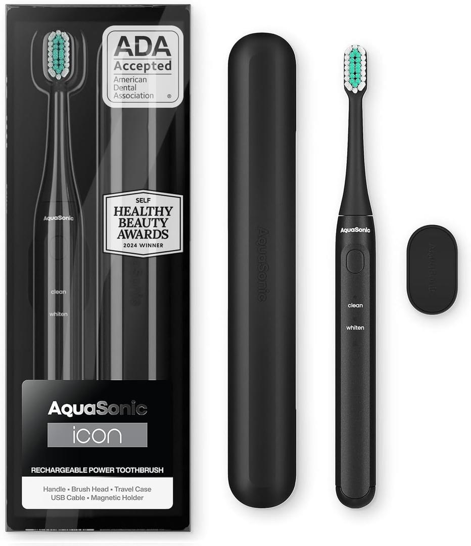 Aquasonic Icon ADA-Accepted Rechargeable Toothbrush | Magnetic Holder & Slim Travel Case | 2 Brushing Modes & Smart Timers | Gentle Micro-Vibrations(Onyx) (1 Count (Pack of 1))
