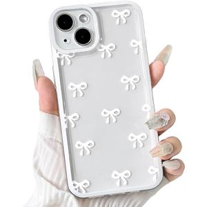 NITITOP Compatible with iPhone 13 Case Cute Clear Durable Ribbon Bowknot Pattern for Girls Women Soft TPU Transparent Full Camera Lens Shockproof Protective Phone Cover - White