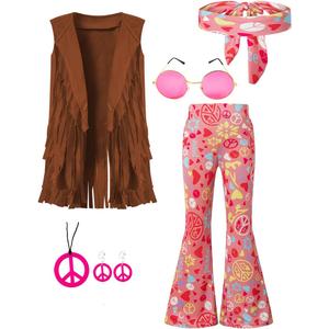 60s 70s Hippie Outfits Kids Girls Costume Fringe Vest Peace Flared Pants Accessories Set (12-14 Years, Brown)